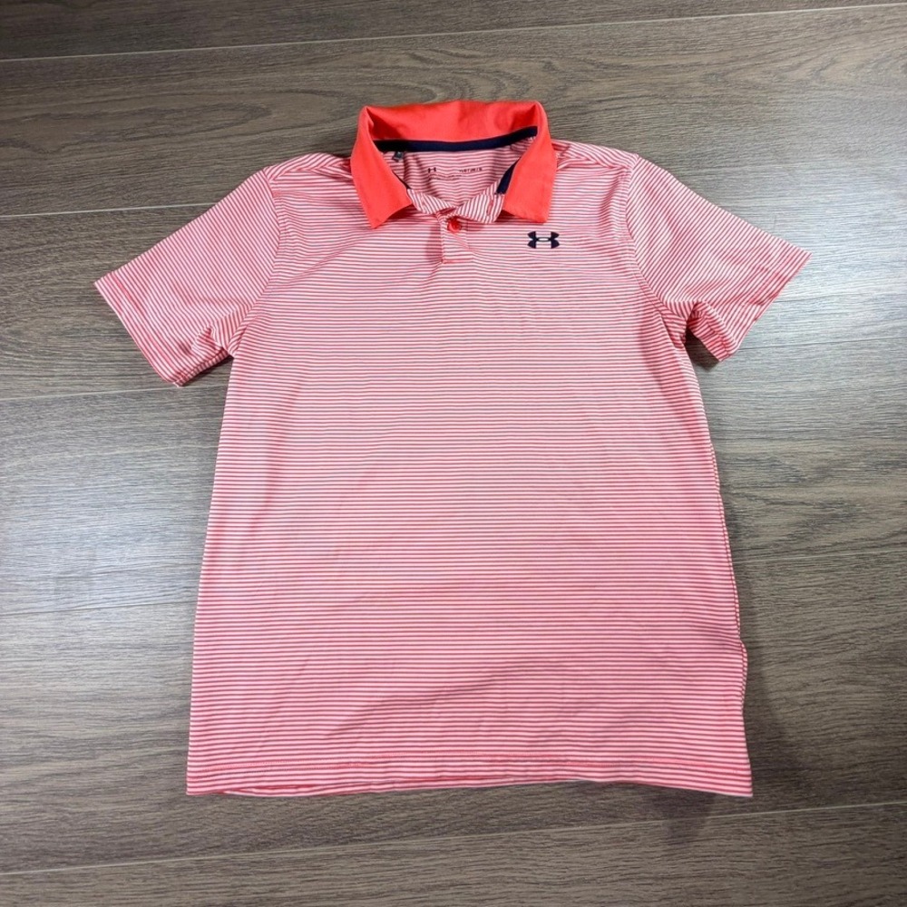 Under Armour Kids Orange White Striped HeatGear Polo Shirt Size Youth Large